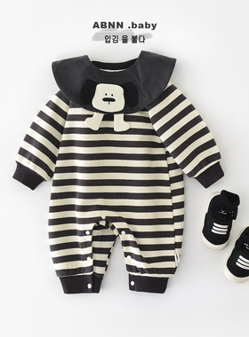 2025秋季新款儿童卡通连身衣 新生儿条纹脱卸领长袖爬服53566