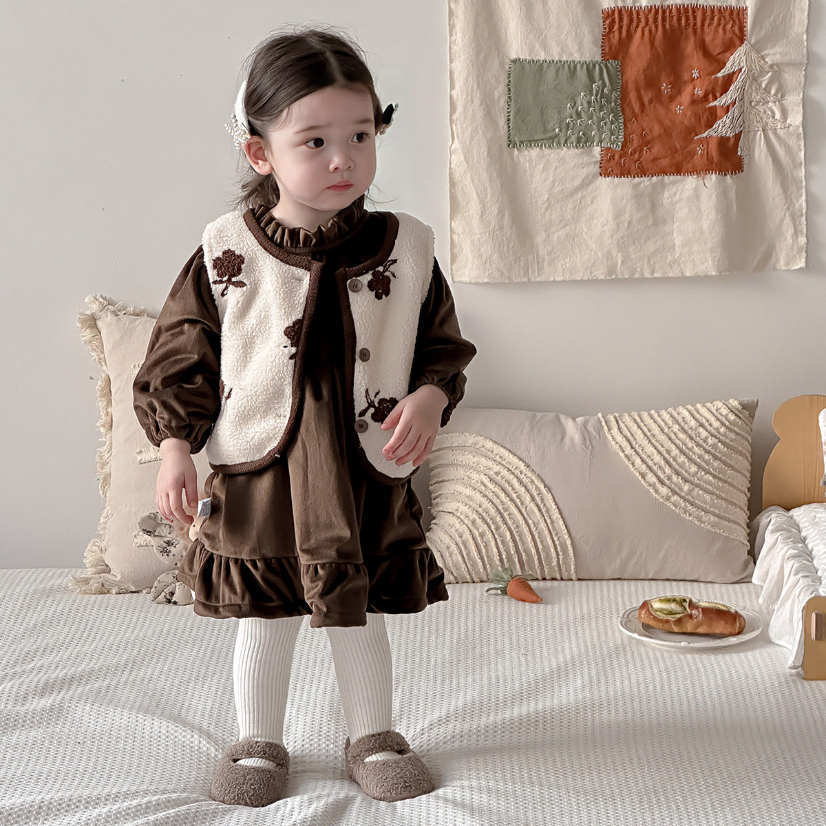 点兮冬季婴儿裙子女童毛毛衣马甲加绒加厚裙子女宝宝可爱套装