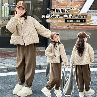 女童加绒加厚棉服套装2025年冬季新款中大童打底衫短款外套阔腿裤