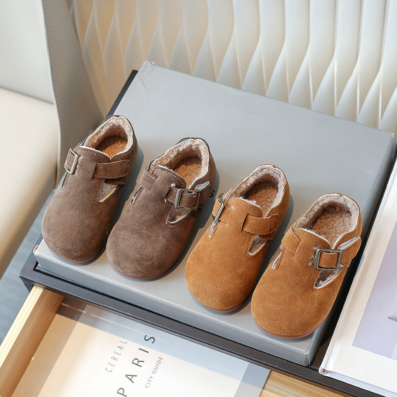 儿童棉鞋2023韩版童鞋复古勃肯鞋男女童英伦风磨砂皮加绒女童棉鞋