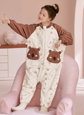 法兰绒秋冬季儿童睡衣男女童男孩宝宝防踢加厚珊瑚绒连体家居服5