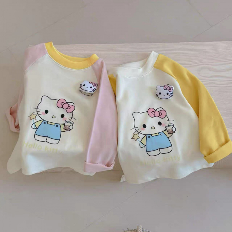 春秋儿童长袖上衣立体KT猫卡通洋气百搭插肩袖内搭新款百搭外穿衫
