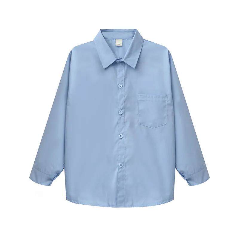 男童蓝色衬衫长袖上衣儿童衬衣领带小学生校服通勤百搭女童衣服蓝