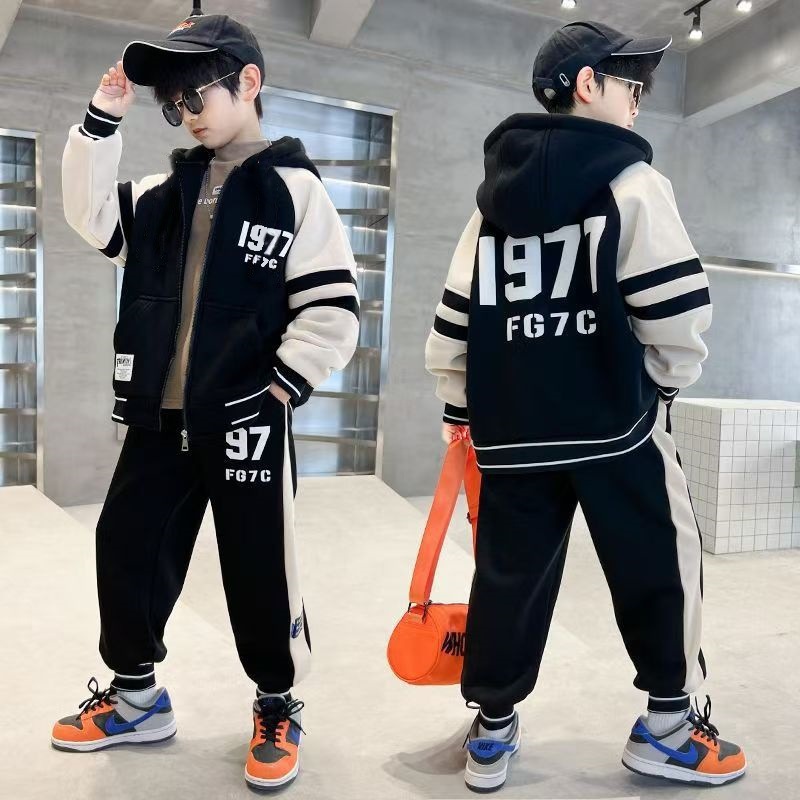 秋冬新款儿童双面绒加厚连帽拉链卫衣套装中小男童外穿休闲两件套