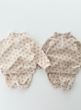 女童套装秋季2023新品韩国中小童女宝宝立领洋气碎花卫衣裤两件套