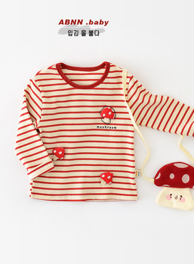 儿童长袖T恤2024秋装新款女童条纹蘑菇针织打底衫女宝宝上衣93506