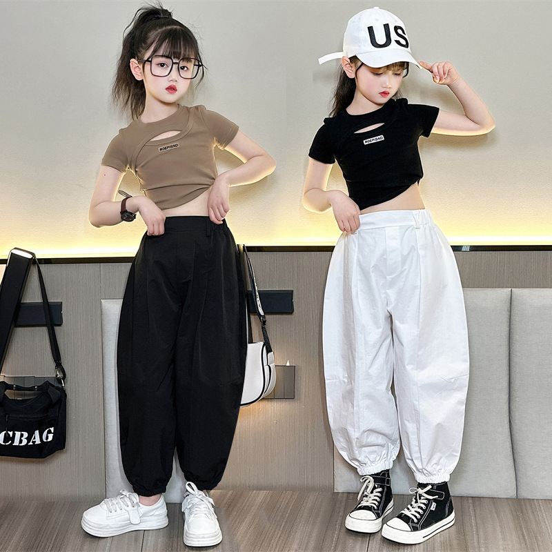 女大童爵士服套装2025新款韩版网红字母修身短袖时尚高腰哈伦裤潮