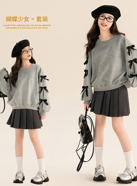 女童休闲卫衣秋冬加绒新款中大童洋气蝴蝶结上衣学生灰色套头衫潮