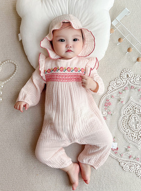 童装春秋季新款婴儿连体衣花朵刺绣女宝宝纯棉哈衣爬爬服2903