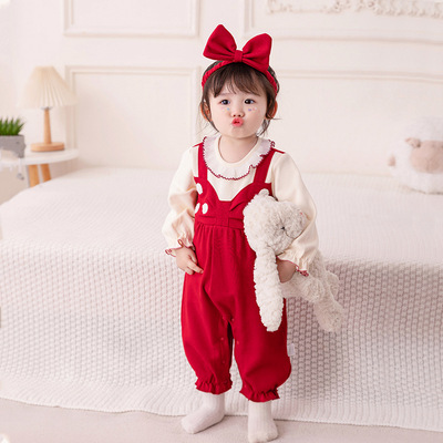 女童喜庆连体衣2025新春季婴儿连身哈衣宝宝春秋公主周岁礼服3501