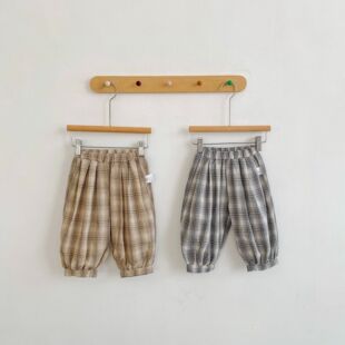 2025儿童新款韩版格子复古宽松男女童阔腿裤格子哈伦长裤子防蚊裤