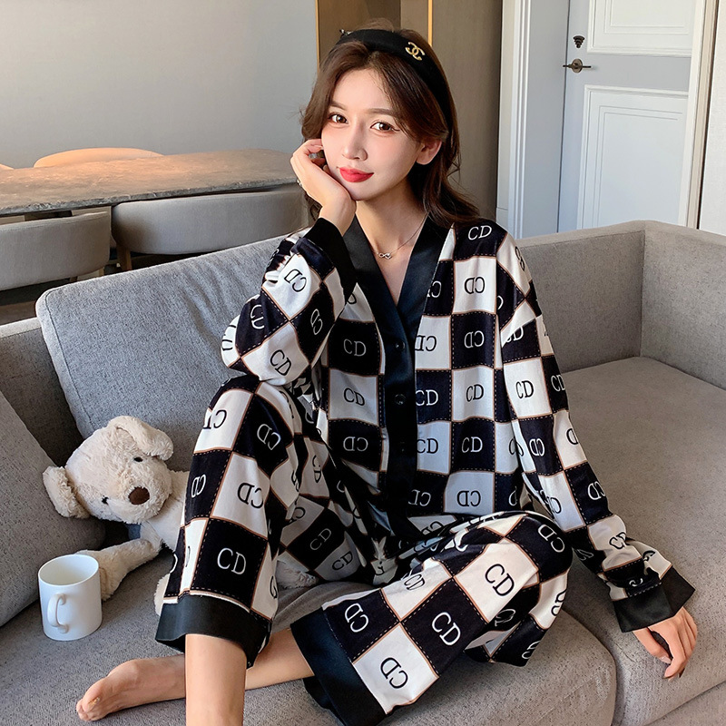 睡衣女爆款直播钻石绒秋冬季金丝绒开衫翻领性感蕾丝长袖家居服1