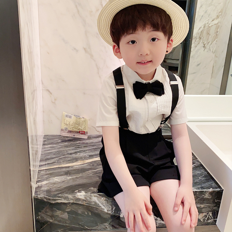 儿童短袖短裤背带套装2024夏季男童衬衫西装花童礼服主持人演出服