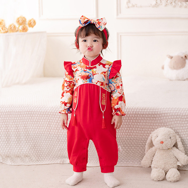 婴儿纯棉连体衣2025春季中国风周岁喜庆拜年服女宝宝春秋哈衣3510