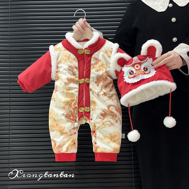 婴儿男女宝宝加厚冬季衣服连体衣新年红色喜庆满月过年周岁拜年