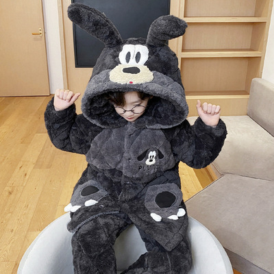 加厚三层夹棉冬季男童儿童11月睡衣珊瑚绒男孩珊瑚绒中大童家居服