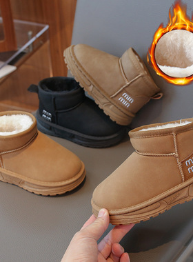 儿童雪地靴皮面加绒加厚2025冬季新款男女童棉靴保暖棉鞋防滑靴子