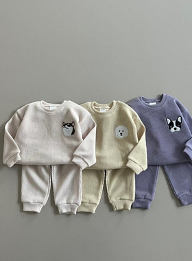 ins 童装韩版套装春秋2023新款男女童中小宝宝刺绣动物图案两件套