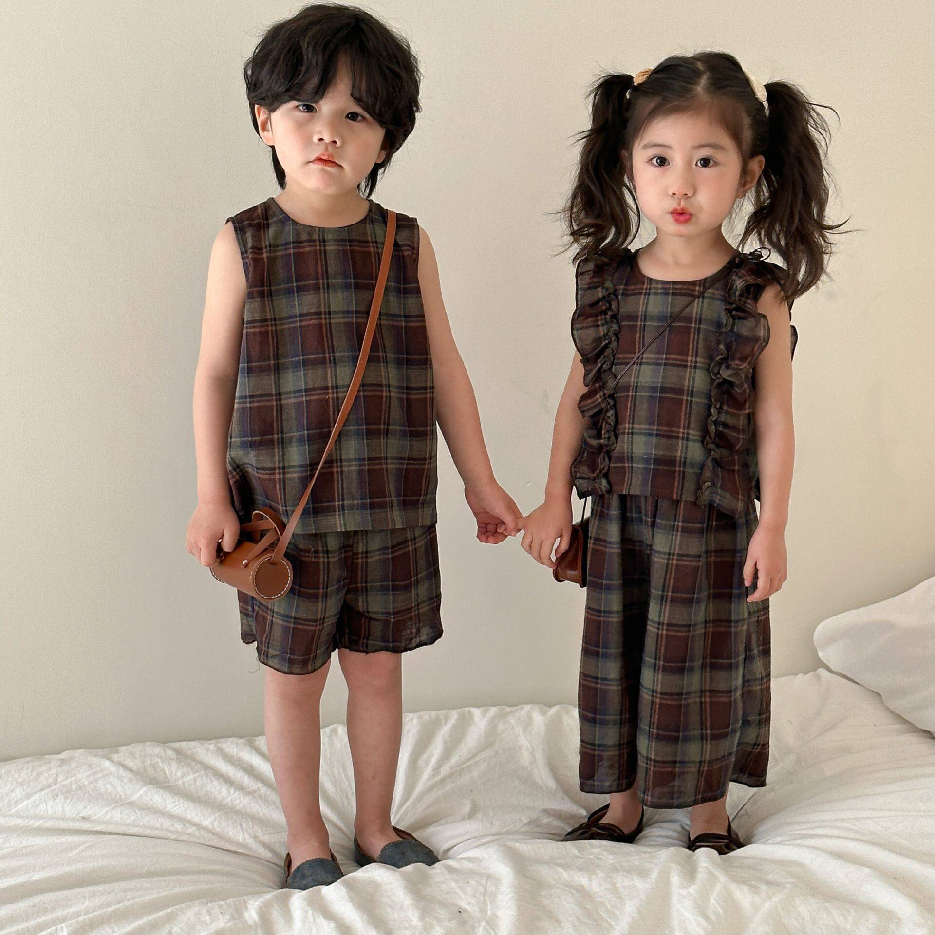 儿童夏季套装宝宝2025新款男童背心夏装休闲女童阔腿裤姐弟兄妹装