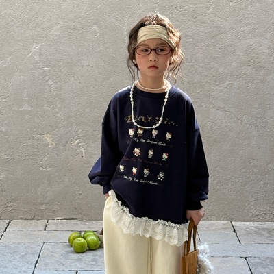 童卫衣2025春季女童韩版卡通长袖上衣拼接蕾丝花边儿童休闲KT猫