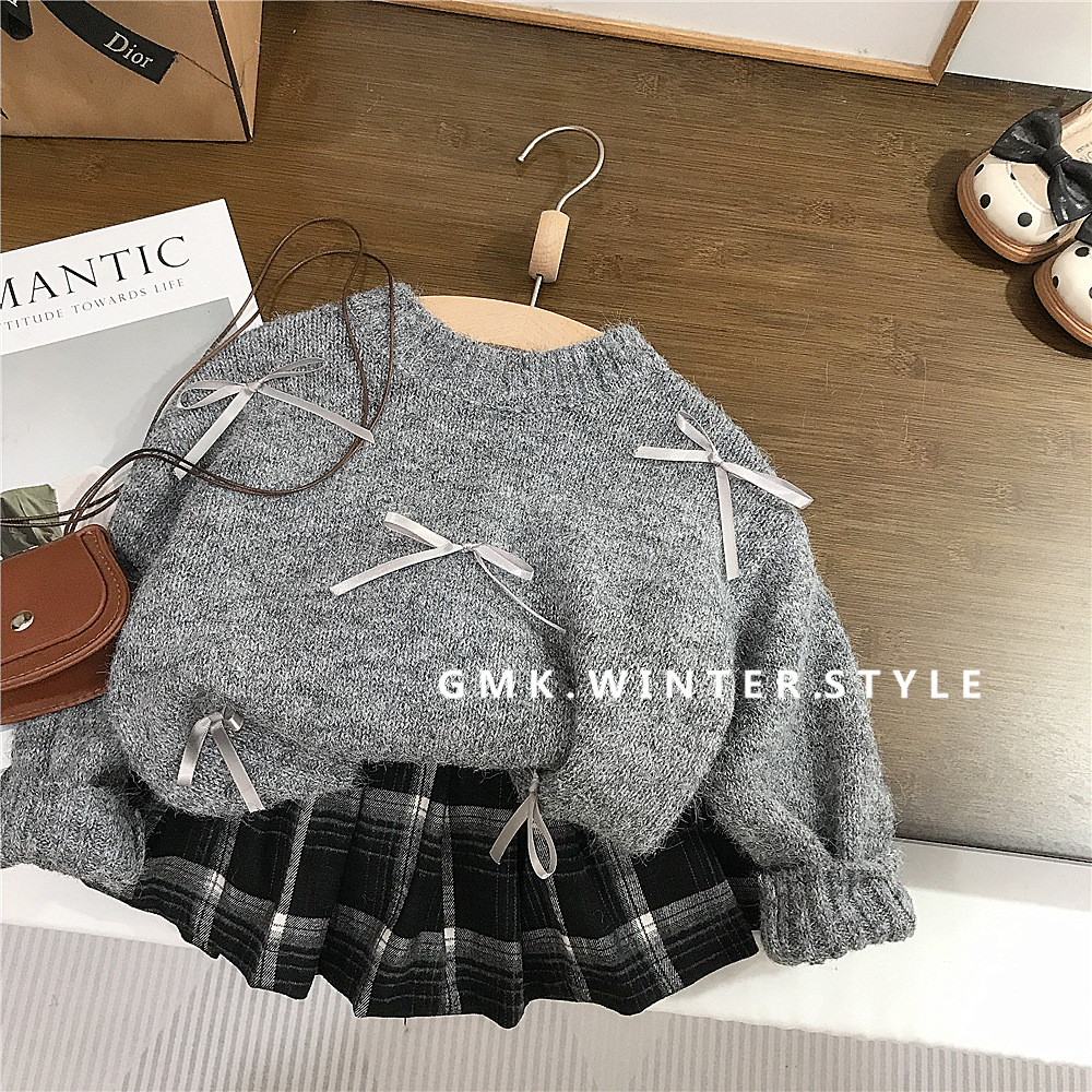 女童毛衣秋冬款内搭新款女孩儿童套头针织衫女童格子百褶裙外贸
