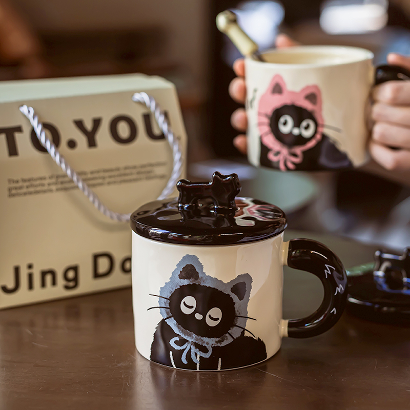 可爱猫猫带盖勺马克杯女生日礼物