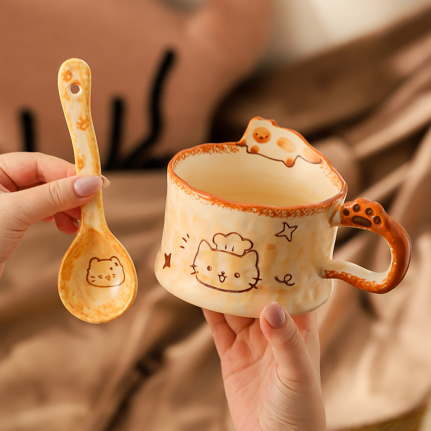釉下彩猫咪陶瓷马克杯家用情侣杯子可爱手作咖啡水杯女生生日礼物