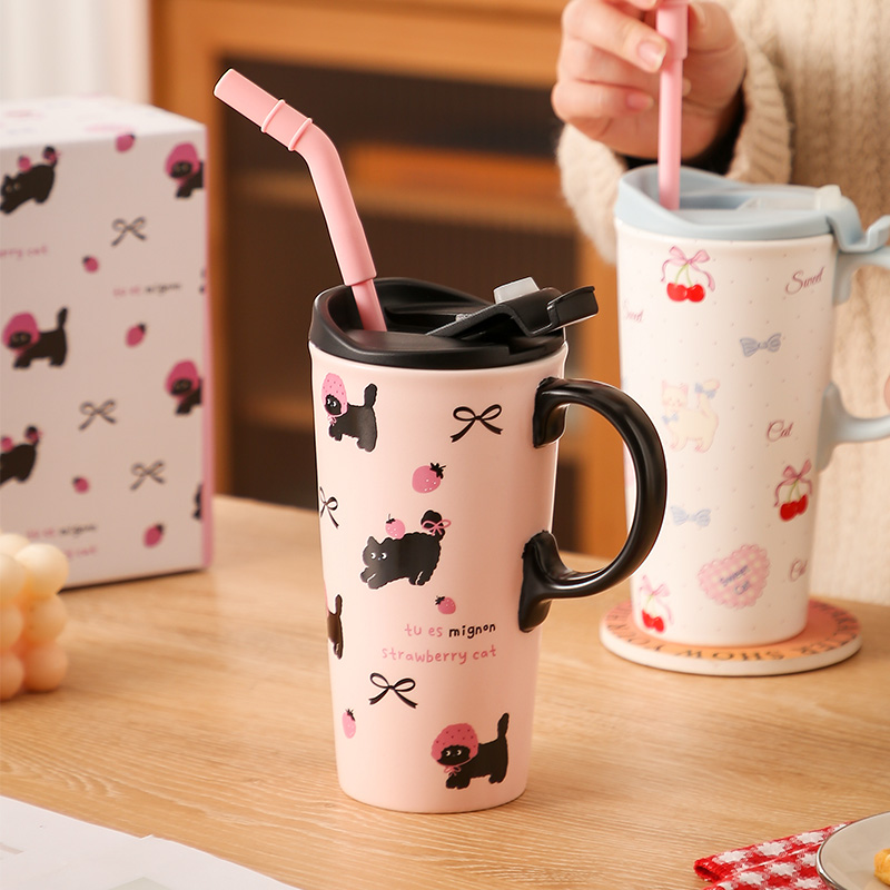 大容量猫咪陶瓷马克杯带吸管杯子