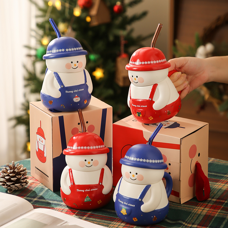 圣诞节雪人马克杯可爱陶瓷吸管水杯情侣杯子实用送闺蜜女生日礼物