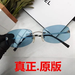 JENNIE演唱会同款蓝色墨镜女中古无边框时髦高级感方圆脸太阳眼镜