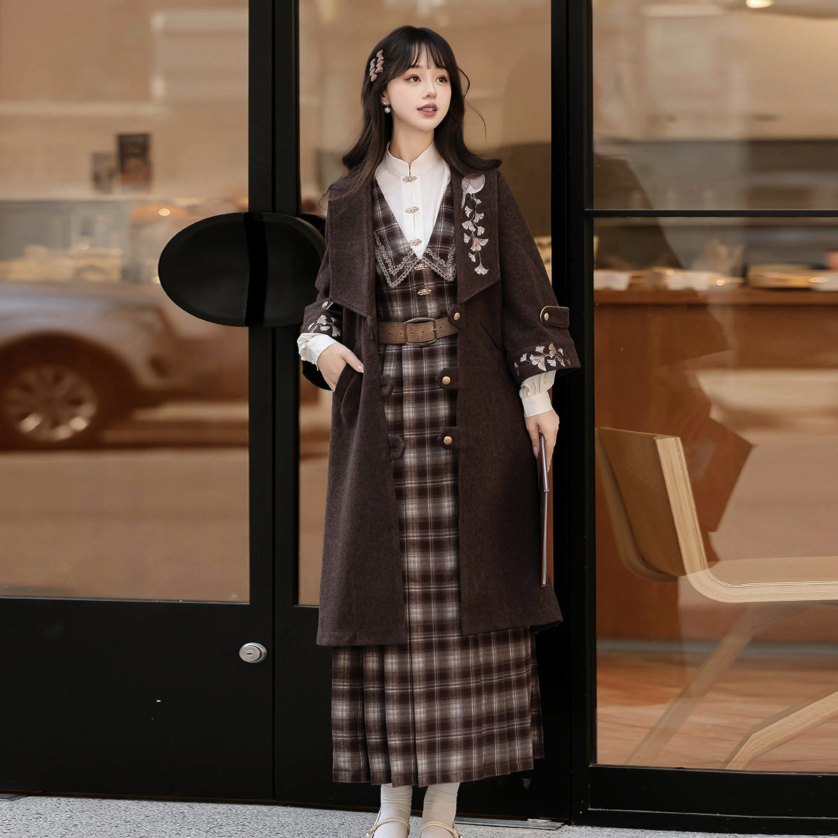 倚梦阁原创银杏词汉服女中国风改良汉元素大衣衬衣连衣裙套装9381