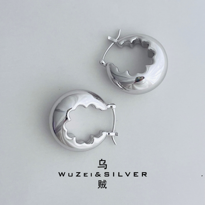 WZ&SILVER设计师款通体S925银镀铑金实心圈圈耳环高级百搭时尚