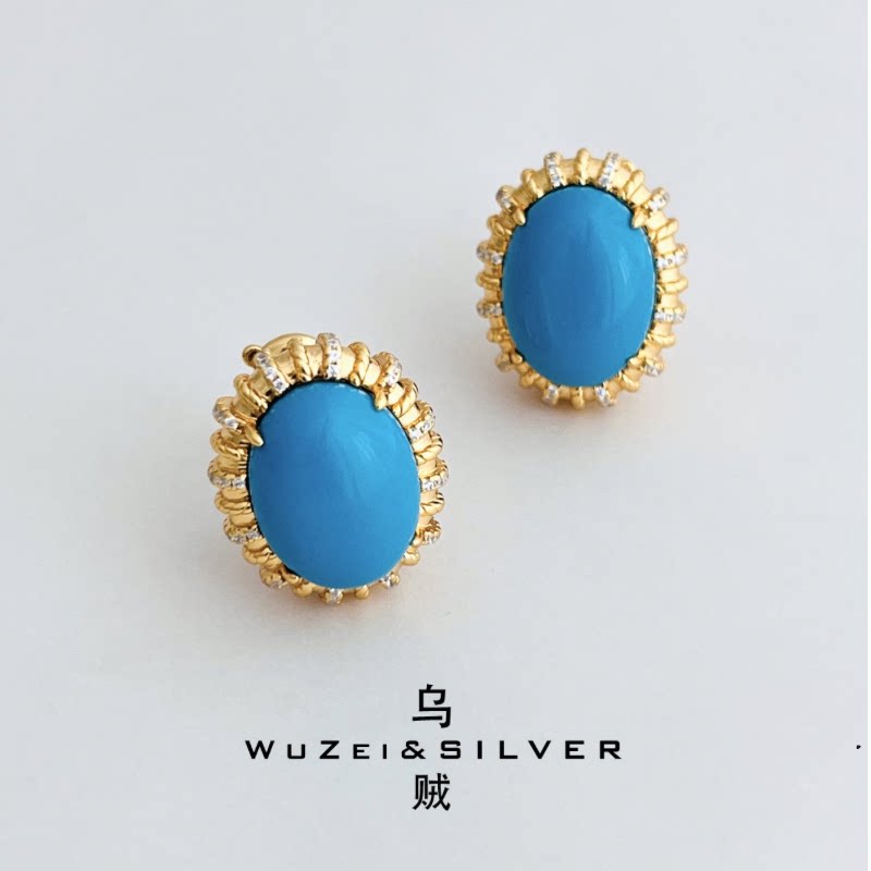 WZ&SILVER高奢款通体S925银镀18K金蓝松石鸽子蛋复古蕾丝镶钻耳扣