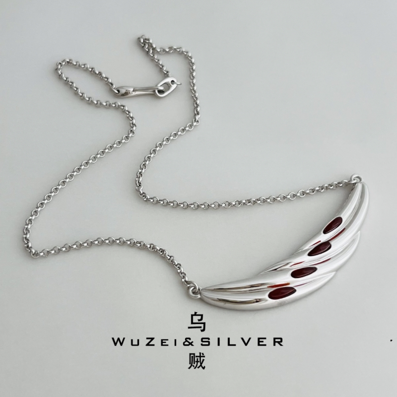 WZ&SILVER设计师款通体S925银镀铑金水波纹红玛瑙项链高级百搭