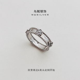 W&SILVER通体S925纯银镀老金重工万花筒四叶草戒指高级感窄版戒指