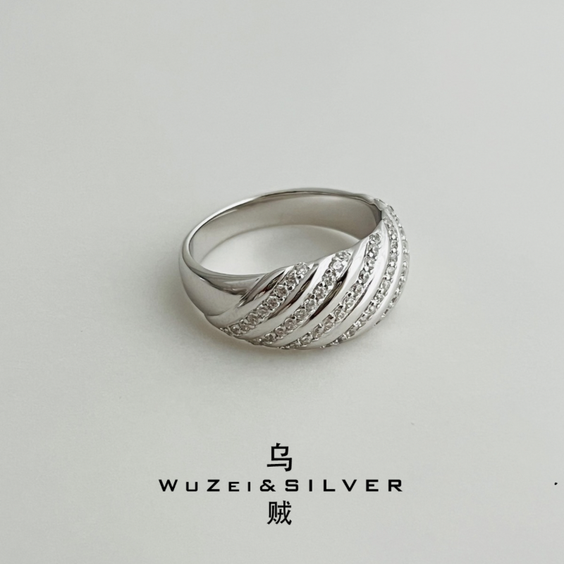 WZ&SILVER设计师款通体S925银镀铑金波浪镶钻戒指高级百搭简约