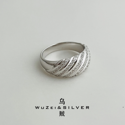 WZ&SILVER设计师款通体S925银镀铑金波浪镶钻戒指高级百搭简约