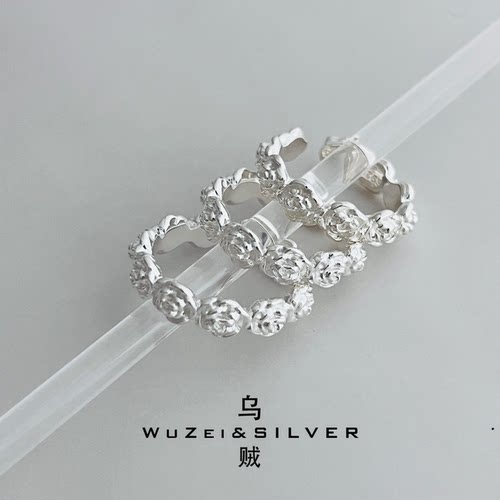 WZ&SILVER设计师款通体S925银玫瑰花实心开口戒指高级百搭时尚