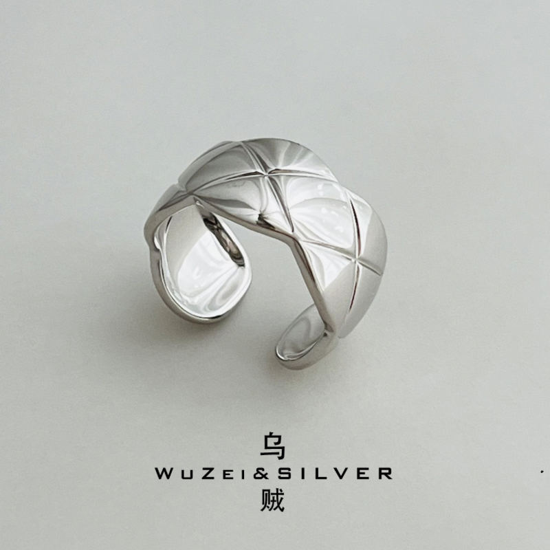 WZ&SILVER通体S925纯银CNC小香银菱格纹开口戒指高级百搭时尚简约
