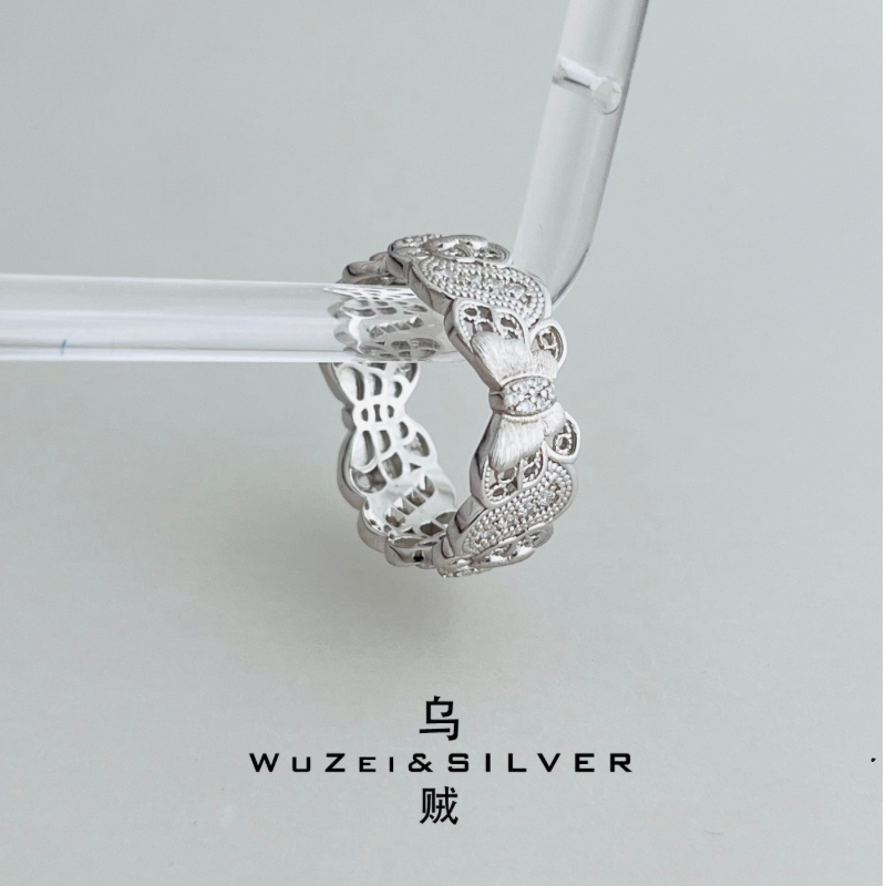 WZ&SILVER设计师款通体S925银镀铑金意大利中古拉丝蝴蝶戒指高级