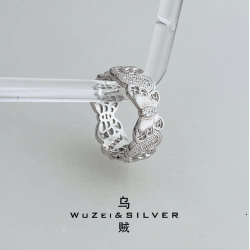 WZ&SILVER设计师款通体S925银镀铑金意大利中古拉丝蝴蝶戒指高级
