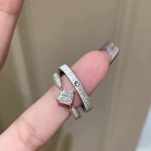双十一直播间闪拍通体S925纯银镀铑金拉丝芒星戒指