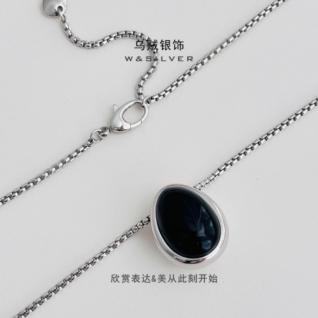 W&SILVER通体S925纯银韩版小众设计蛋形黑玛瑙水滴吊坠双面项链