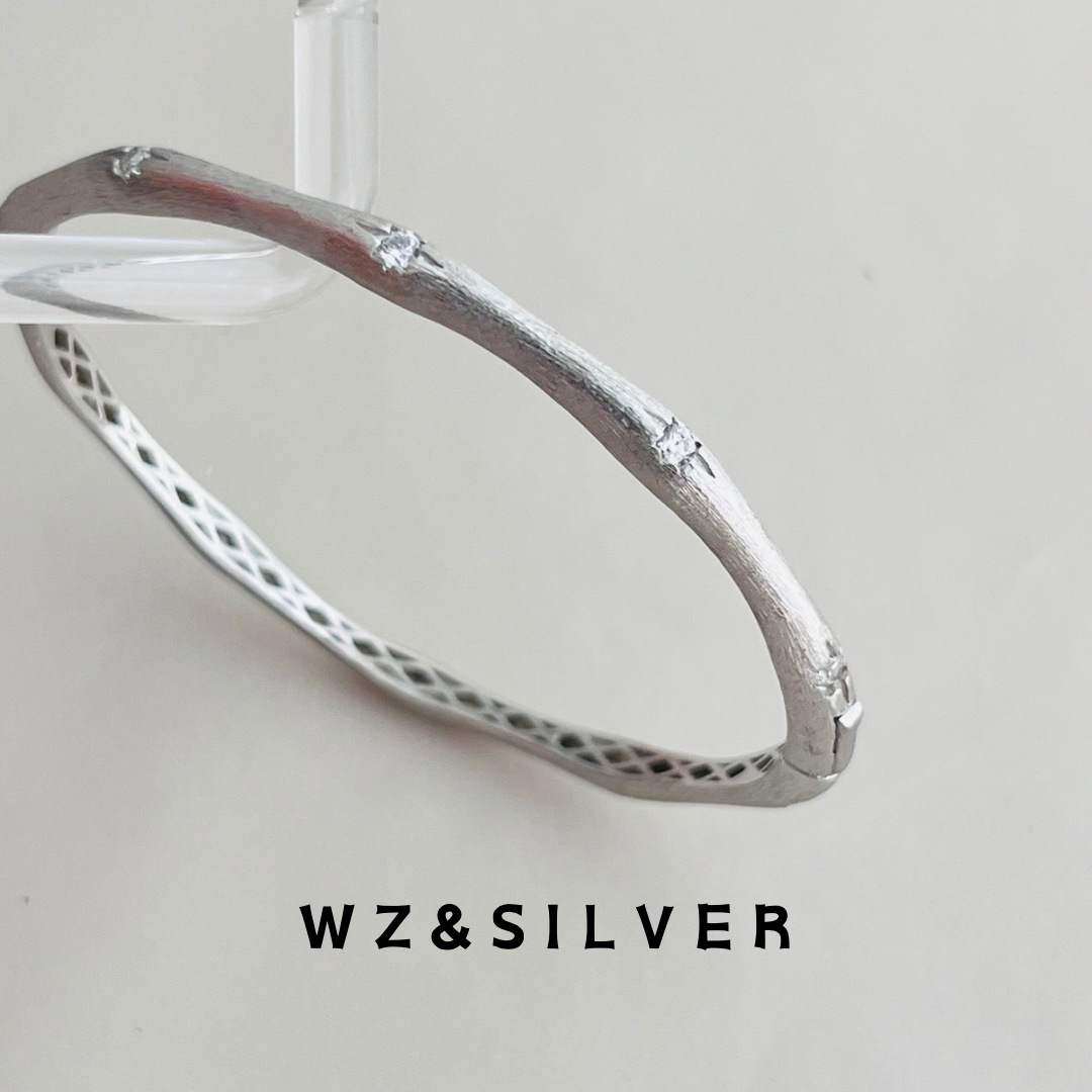 WZ&SILVER设计师款通体S925纯银镀铑金拉丝中古手镯高级简约百搭