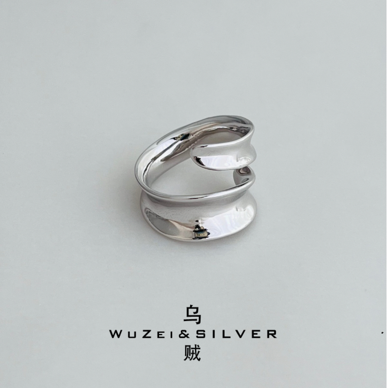 WZ&SILVER设计师款通体S925银镀厚镀铑金丝带简约戒指高级简约