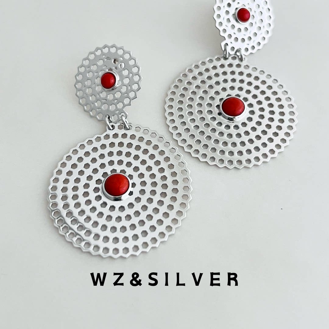 WZ&SILVER设计师款通体S925纯银镀铑金天然南红镂空圆盘耳环高级