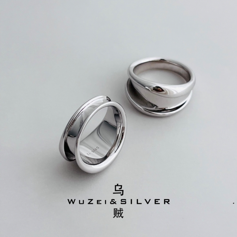 WZ&SILVER设计师款通体S925银镀铑金双层卷边戒指个性高级百搭