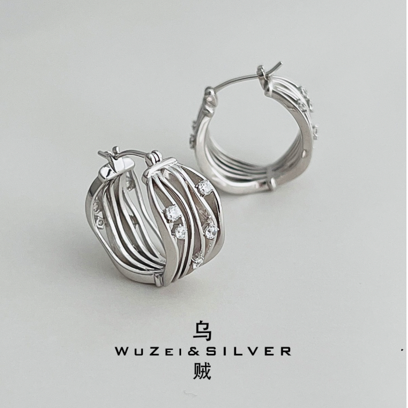 WZ&SILVER设计师款通体S925银镀铑金镶钻耳环高级简约百搭时尚