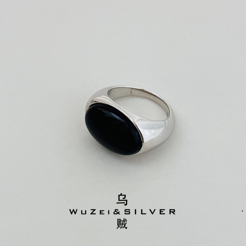 WZ&SILVER设计师款通体S925银镀铑金椭圆黑玛瑙戒指高级百搭时尚