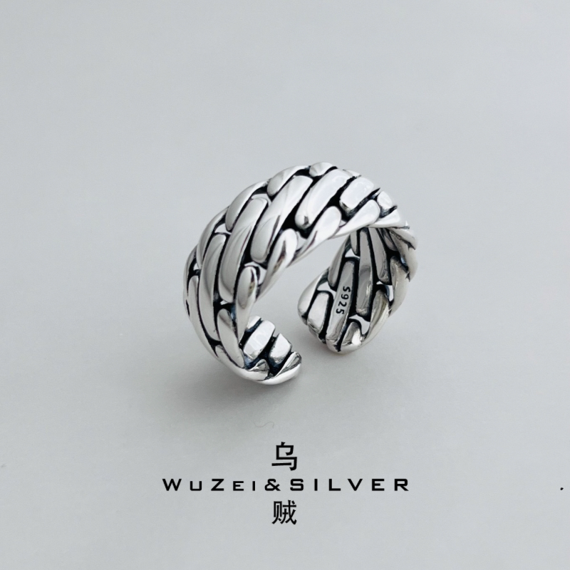 WZ&SILVER设计师通体S925银做旧复古大尺码开口编织戒指重工高级
